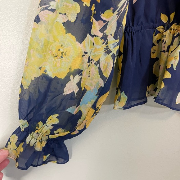 MAREE Blouse 14 Georgette Floral Ruffle Cinch Waist Peplum Long Sleeves Blue NWT - Picture 5 of 9